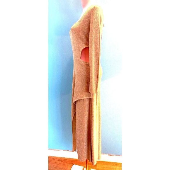 NWT MISA Los Angeles Beige Gold Metallic Midi Cut Out Waist Sweater Knit Dress M - Picture 4 of 7